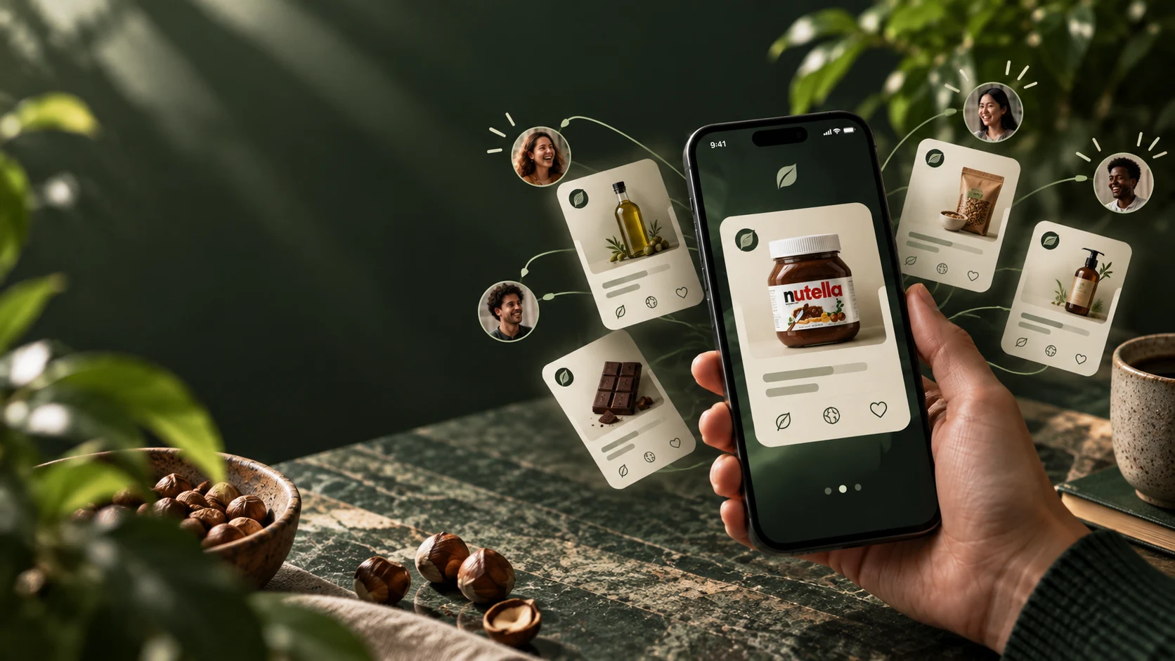 Symbolische Darstellung einer Produkt-Community: Ein Smartphone ist mit Produktkarten und Menschen verbunden.