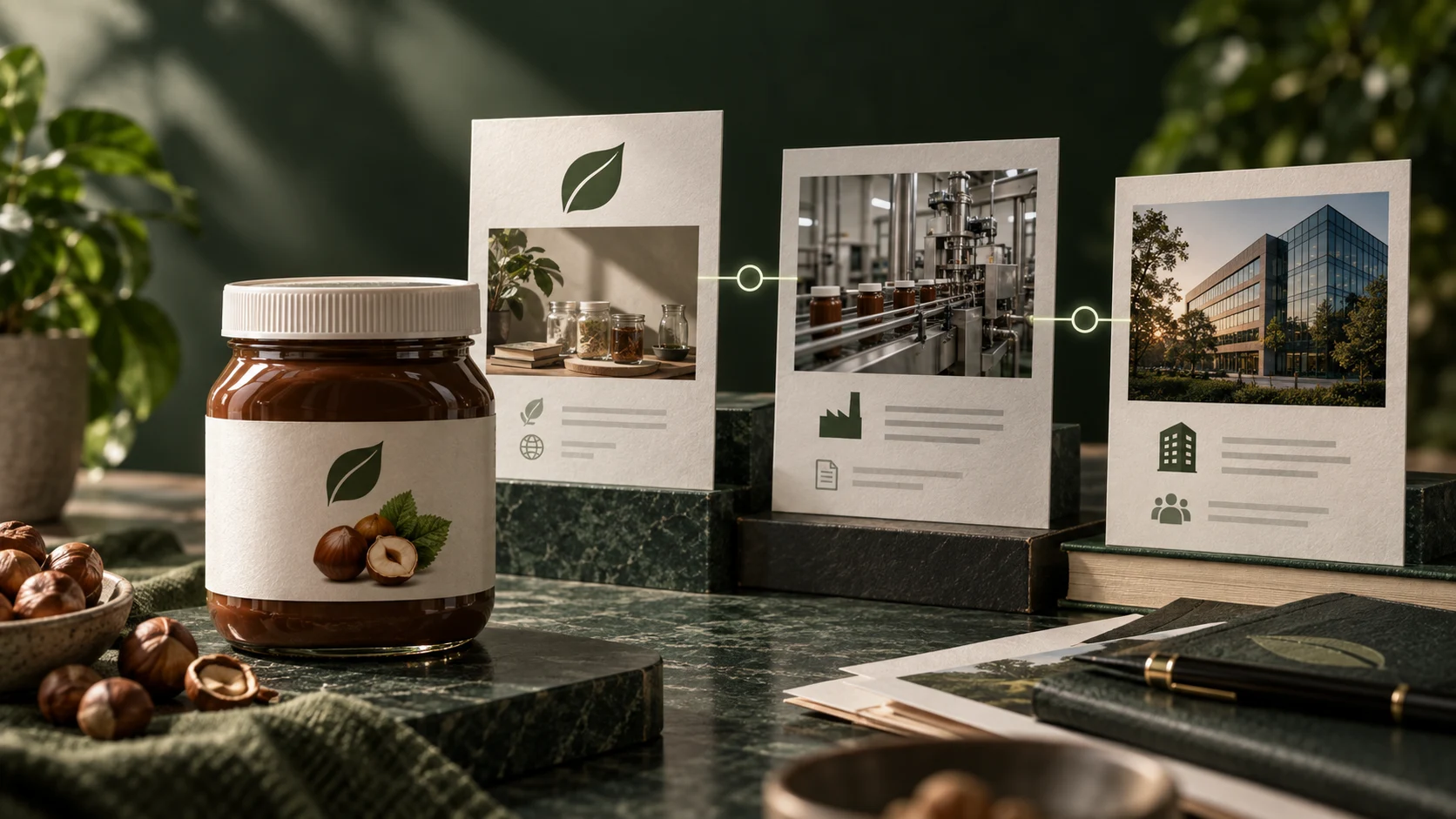 Ein Produktglas ist über illustrative Karten mit einer Marke, einer Produktionsanlage und einem Unternehmen verbunden.