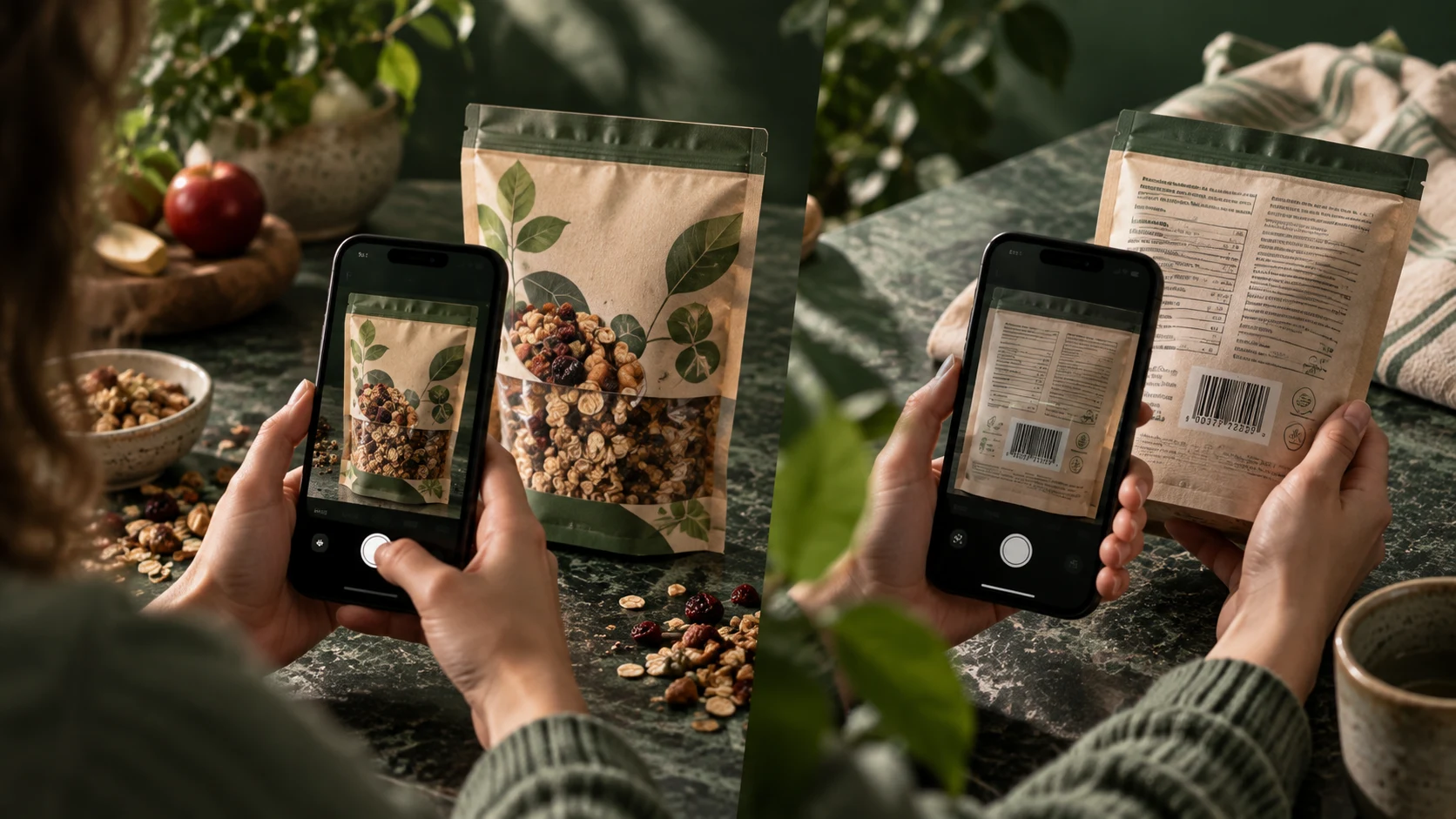 Eine Person fotografiert Vorder- und Rückseite einer Müsliverpackung mit dem Smartphone.
