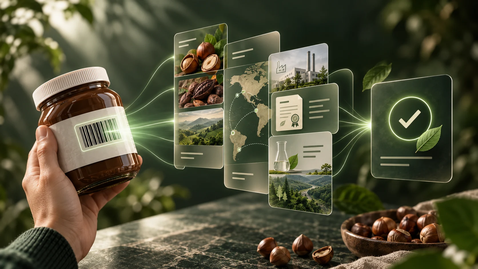 Ein Barcode führt symbolisch zu Informationen über Zutaten, Herkunft, Produktion und Nachweise.