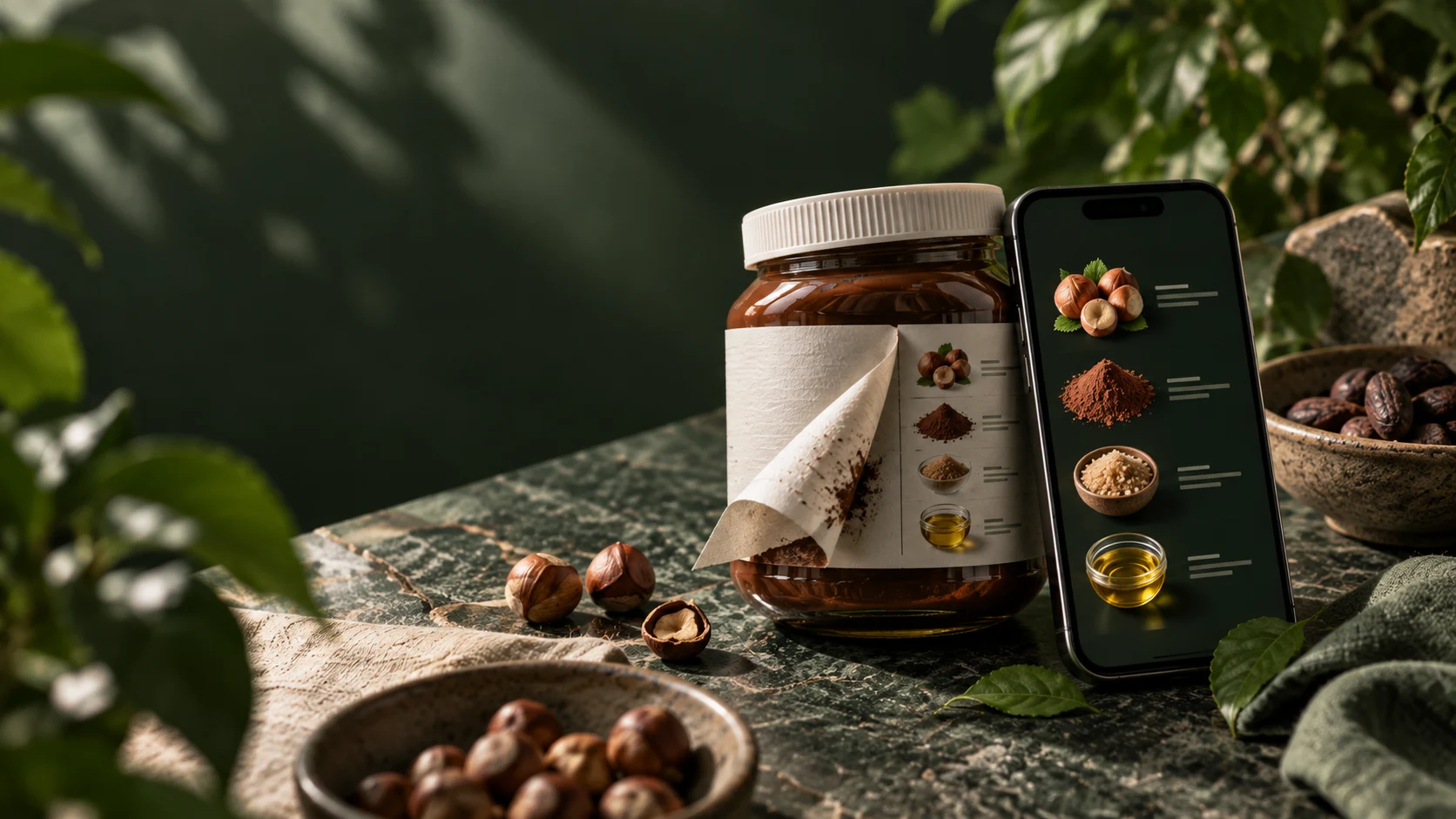 Ein abgezogenes Etikett macht Zutaten sichtbar; daneben zeigt ein Smartphone die Produktinformationen.
